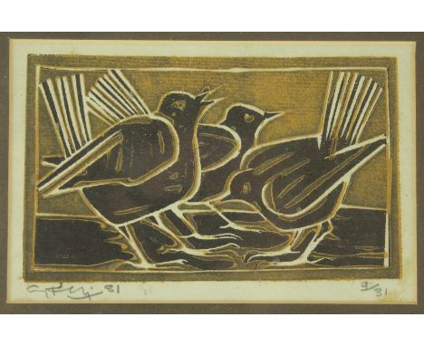 Geoffrey Key (British, b. 1941) - 'Birds' Signed limited edition print, numbered 9/31, dated 81, 12x18.5cm, framed 