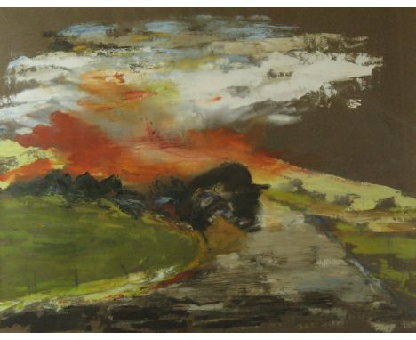 Dorothy Rothmer (20th Century) - 'Landscape with orange' Mixed media, unsigned, title verso, 42.5x54.5cm, inset in contempora