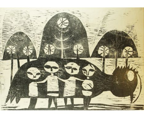 20th Century School - 'Abstract figures in landscape'Pencil signed print, numbered 6/15, 53x71cm, inset in modern gilt frame