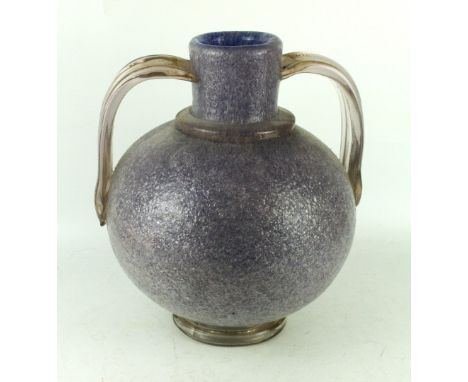 A large & impressive Murano twin handled glass vaseOf bulbous form, having textured amethyst style decoration with gilt highl