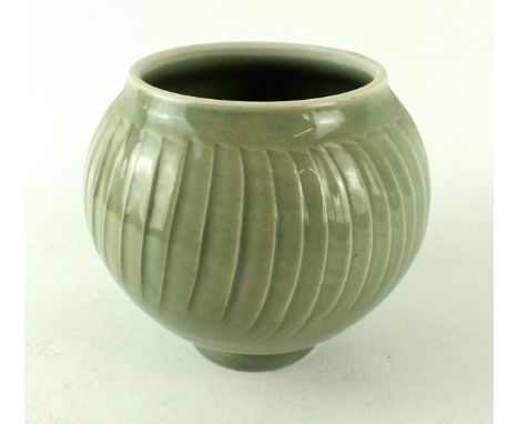 David Leach (1911-2005) studio pottery bulbous vaseHaving cut linear decoration on a celadon glazed ground, seal mark to base