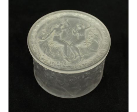 A Rene Lalique Clear & frosted Glass 'Figurines Et Voiles' Box Moulded makers mark, to base, height 7cm, diameter 10.5cm    C