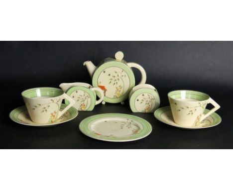 A Clarice Cliff Newport Pottery Bonjour eight piece tea serviceComprising teapot, milk jug, sugar bowl, two cups, two saucers