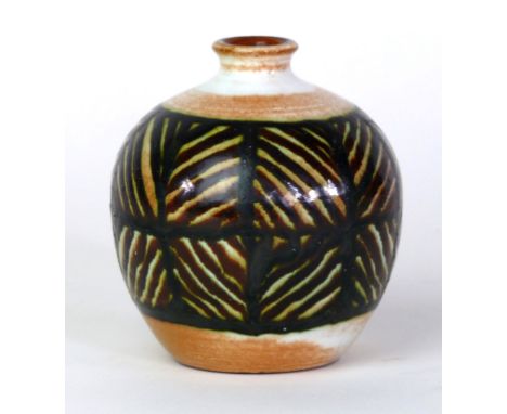 A Poole pottery 'Atlantis' range vase of bulbous formHaving painted geometric decoration on a brown and white glazed body, im