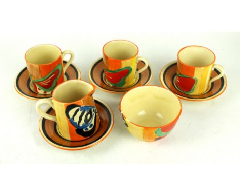 Clarice Cliff Fantasque nine piece service Decorated in the 'Butterfly' pattern, circa 1929-1930, comprising milk jug, height