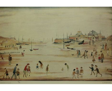 Laurence Stephen Lowry (1887-1976) - 'On Sands'Pencil signed limited edition print, 162/500, 43x58cm, inset within gilt metal