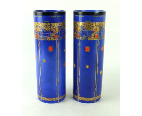 A pair of Royal Doulton Aesthetic movement vasesEach of cylindrical form and decorated with stylised motifs and gilt decorati