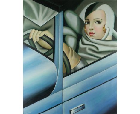 M Gonzales (20th/21st Century) - 'Art Deco Girl Driving'Oil on canvas, signed, 60x50cm, inset within modern black frame, afte