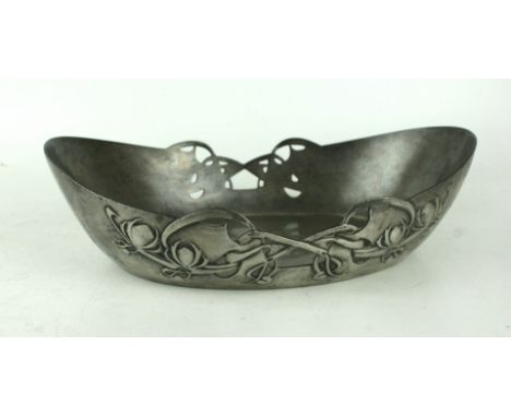An Art Nouveau English Pewter bowlMade for Liberty & Co, of oval form, having relief floral decoration, numbered 0535, length