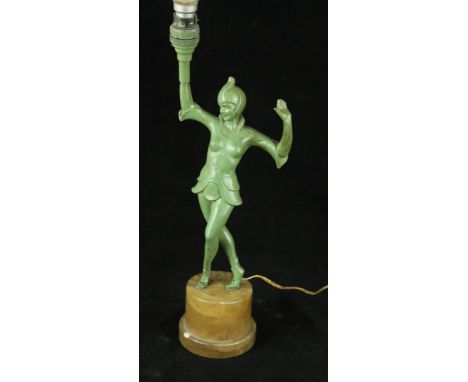 An Art Deco green patina table lampModelled in the form a dancing girl supporting a light fitting, raised on veined onyx plin