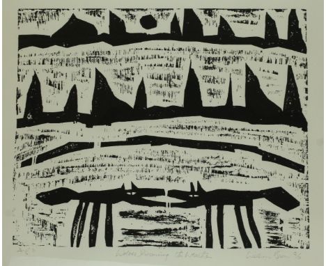 William Brown (Canada, 1953-2008) - 'Wolves Discussing the Weather'Pencil signed woodblock print, signed and dated 96, 56x76c