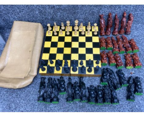 Vintage travel chess board complete with pieces &amp; case together with a full set of oriental style chess pieces