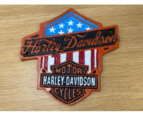 Cast metal Harley Davidson USA flag plaque