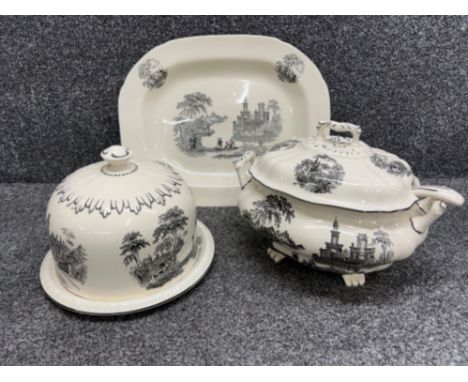 Venetian Flaw Blue Staffordshire England cheese bell, soup tureen and ladle, meat platter plate and (6 bowls black on white)