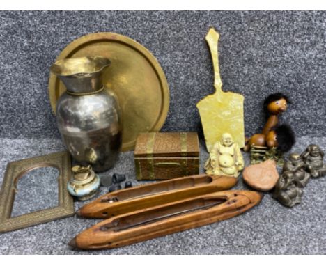 Box of miscellaneous items including brass &amp; copper tea caddy, Middle Eastern mirror, resin &amp; brass Buddha ornaments 
