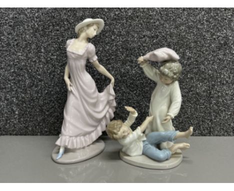 2 Nao by Lladro figures and lady in hat and kids playing