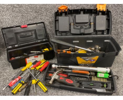 2x modern tool boxes both containing a large quantity of mixed hand tools, including screwdrivers, hammers etc