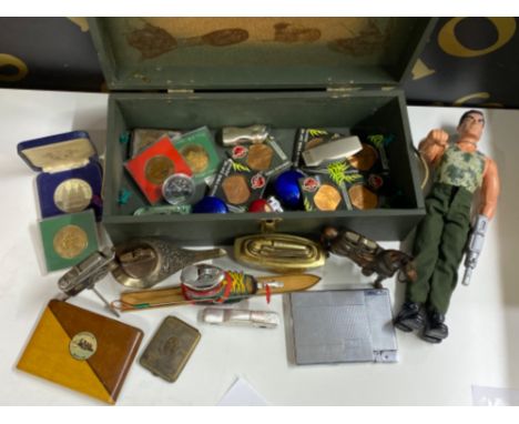 Vintage Action Man box &amp; figure together with a selection of collectible novelty lighters, cigarette case &amp; coins