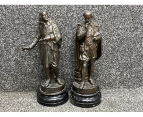 Two vintage spelter figures includes Milton &amp; Shakespeare, both on wooden plinths, H37cm