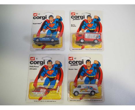 A group of CORGI JUNIORS carded Superman related vehicles comprising #6 'Daily Planet Jetcopter', #17 'Metropolis Police Car'