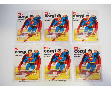 A group of CORGI JUNIORS Superman vehicles on original cards comprising 6x #6 Daily Planet Jetcopter - VG/E on VG cards (6)