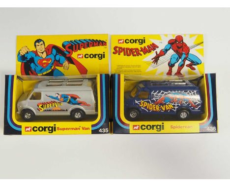 A CORGI 436 Spiderman 'Spidervan' together with a 435 Superman Van, circa 1978/9 in a blue striped window box - VG/E in VG bo