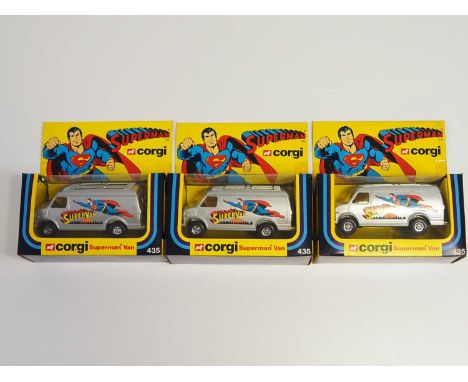 A group of CORGI 435 Superman Vans, circa 1979 in blue striped window boxes - VG/E in VG boxes (some tape to boxes) (3)