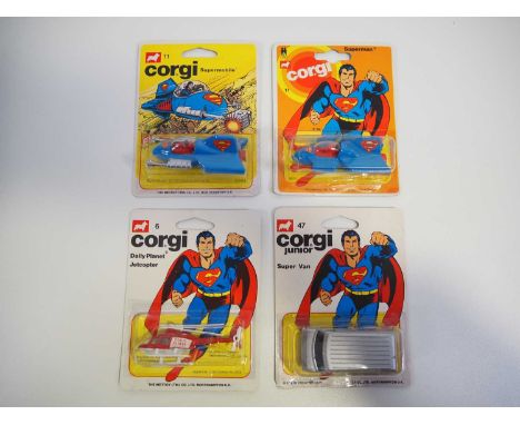 A group of CORGI JUNIORS carded Superman related vehicles comprising #6 'Daily Planet Jetcopter', 2x #11 'Supermobile' (diffe