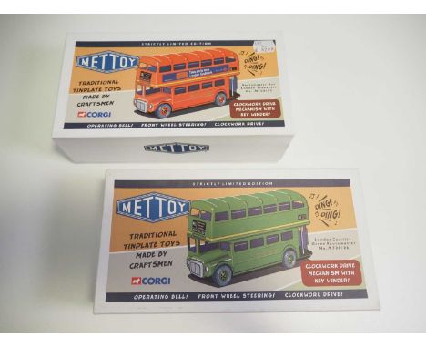 A pair of METTOY (by CORGI) limited edition clockwork tinplate Routemaster buses, with steering and operating bells, one in c