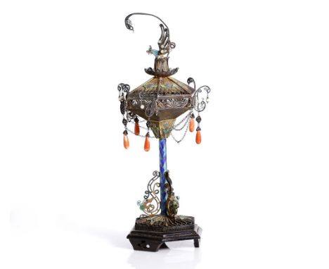 Chinese, rare, gilded enameled filigree censer.  Republic period.  The top lid depicting a phoenix in a lotus flower, inlaid 