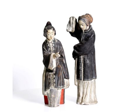 2 wonderful Chinese, hand painted ceramic figures of maidens.  Qing dyn.  The 2 maidens are beautifully potted and painted. O
