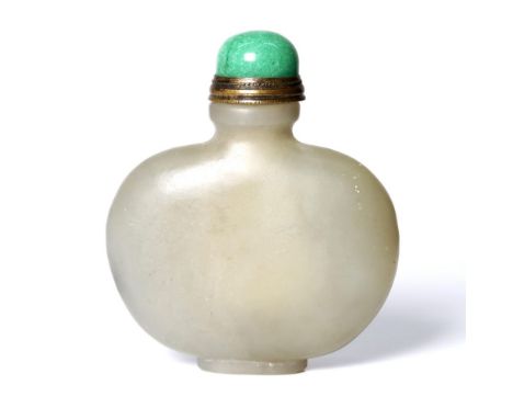 an antique, jade snuff bottle with a fine jadeite stopper.  Qing dyn.  color of jade is gray-green, more of opaque nature. So