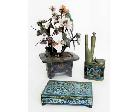 A lot of 3 antique cloisonné and enameled items.  Republic period.  One is lovely cloisonné flower pot with jade, agate and t