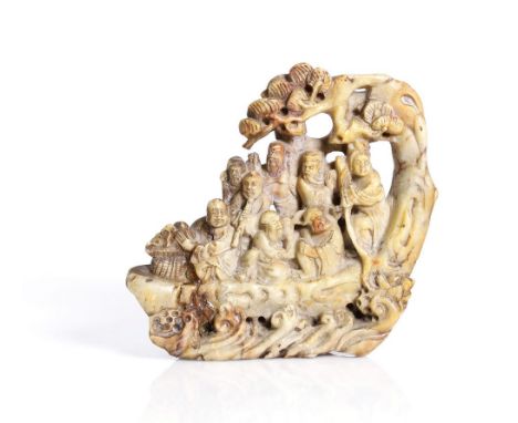 antique, Chinese soapstone carving, depicting the 8 immortals, sailing the western lake.  This lovely item was broken and rep