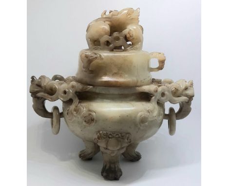 an antique, Chinese, fine jade censer .  Qing dyn. Late 18th cent., early 19th.  Well carved, cream color jade with russet in