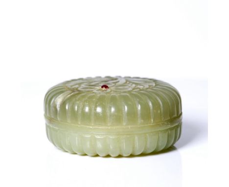 Fine, antique, Chinese, Mughal style, celadon jade, paste round box.  19th cent.  This beautifully carved box , probably used