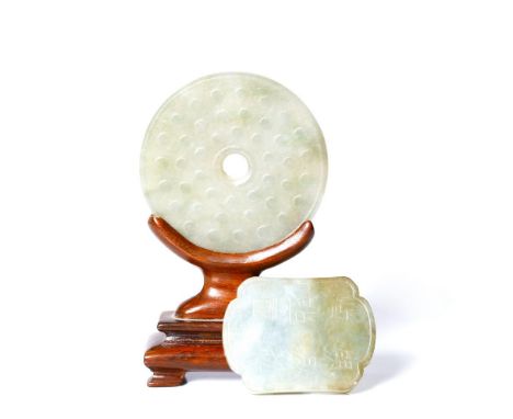 lot of 2 antique, Chinese, celadon jades.  Probably, of the republic period.  One , depicting a small fine "bi" disc, with a 
