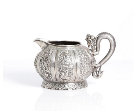 lovely, antique, Chinese, silver pitcher with a charming dragon, as its' handle.  late Qing dyn.  8 medallions to the main bo