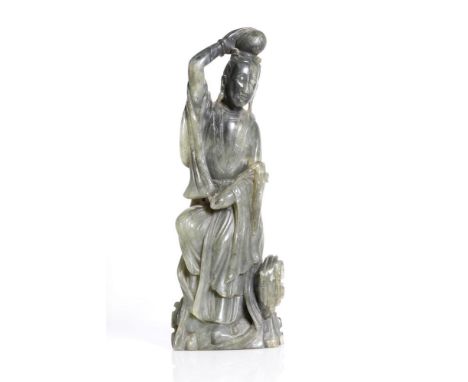 an antique, Chinese, big, jade Guanyin.  Republic period.  Made of high end , spinach- gray fine jade. Well carved with delic