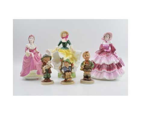 A collection of lady figures to include Coalport Winsome, Daphne, Royal Doulton Becky and Hummel figures to include Boy with 