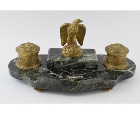 French Art Deco desk tidy / inkwell with gilt metal ink pots with ceramic liners and eagle finial paperweight, 34cm wide.  In
