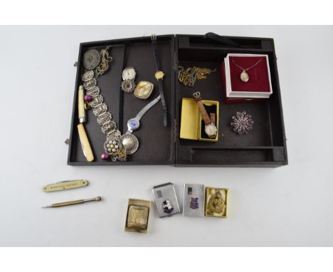 A mixed collection of vintage costume jewellery, pocket knives and vesta cases. Together with 3 vintage ladies watches, of no