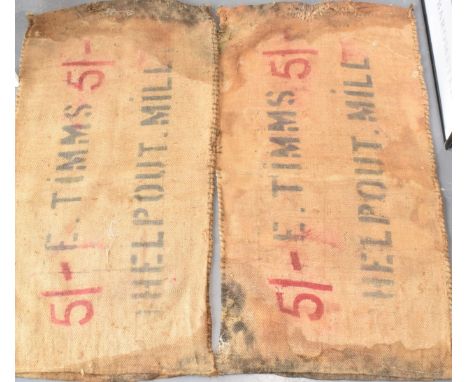 Two vintage corn sacks (red writing) E. TIMMS HELP OUT. MILL 130cm x 70cm (2)  In vintage condone with signs of use and old r