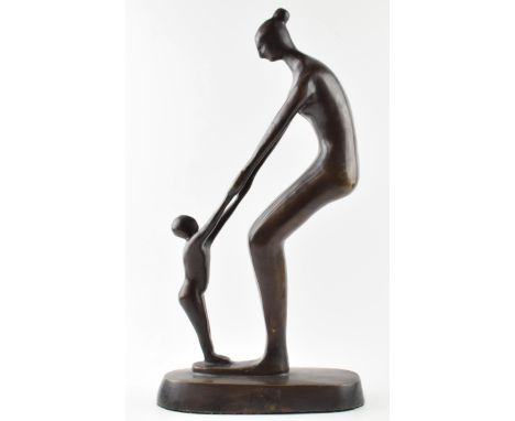 Bronzed figurative sculpture of mother and child sign V K W 2002. Height 47cm, Base 25cm.  In good condition with some light 
