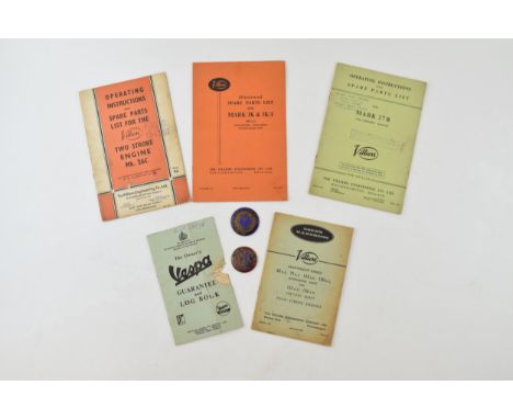 Villiers User's Handbooks together with a Vespa owners manual and two enamel main dealer advertising badges for 'The Aldgate 