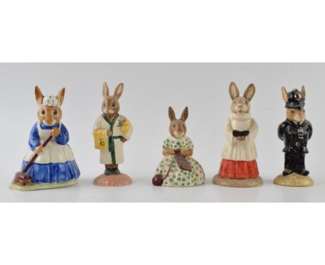Royal Doulton Bunnykins to include Vicar, Policeman, Busy Needles, Bathime and Clean Sweep (5).  In good condition with no ob