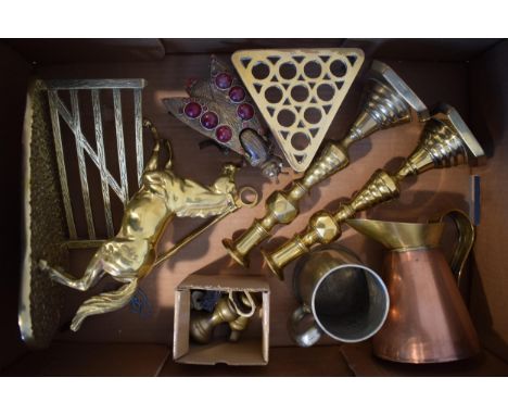 Metalware to include brass jumping horse over a gate, a pair of candlesticks, a trivet, a copper jug, brass weights and other