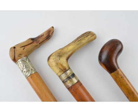 A trio of vintage walking sticks with varying heads to include a lurcher, a horn example and a knob stick (3), longest 89cm. 