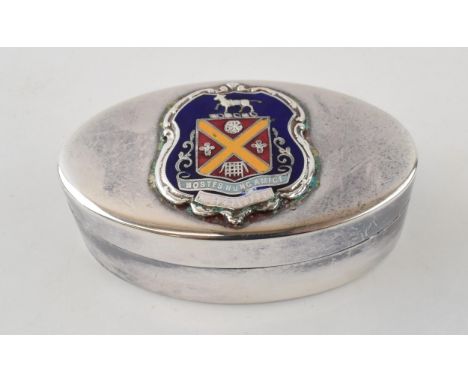 Silver plated snuff box with enamel crest for Abergavenny. Makers mark S &amp; Co to base. Width 7cm. Height 2.5cm  In good c