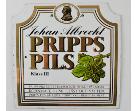 Johan Albrecht Pripps Pils advertising enamel sign. 25cm x 25cm.  In good condition.